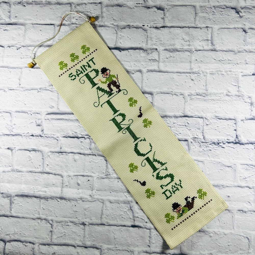 Vintage Saint Patricks Day Cross Stitch Wall Hanging Shamrock Green